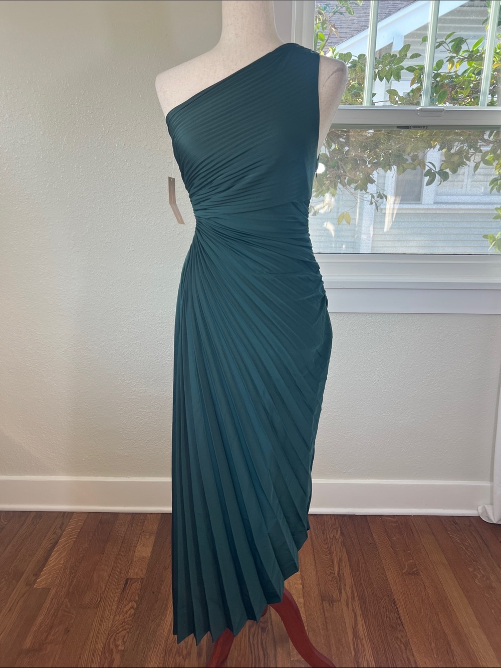 O.p.t. Perko Asymmetrical One-Shoulder Teal Pleated Midi Dress. Size XS. NWT